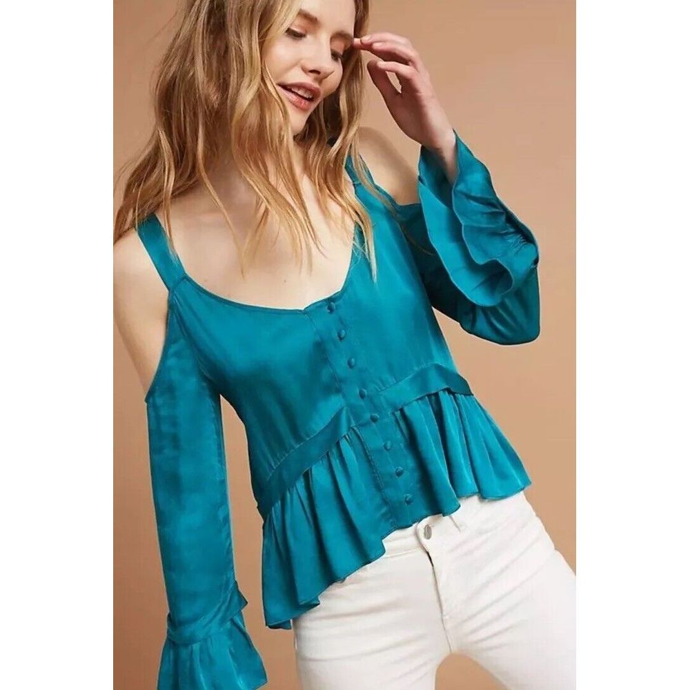 ANTHROPOLOGIE  MAEVE Bygones‎ Open-Shoulder Blouse Sz M - Green